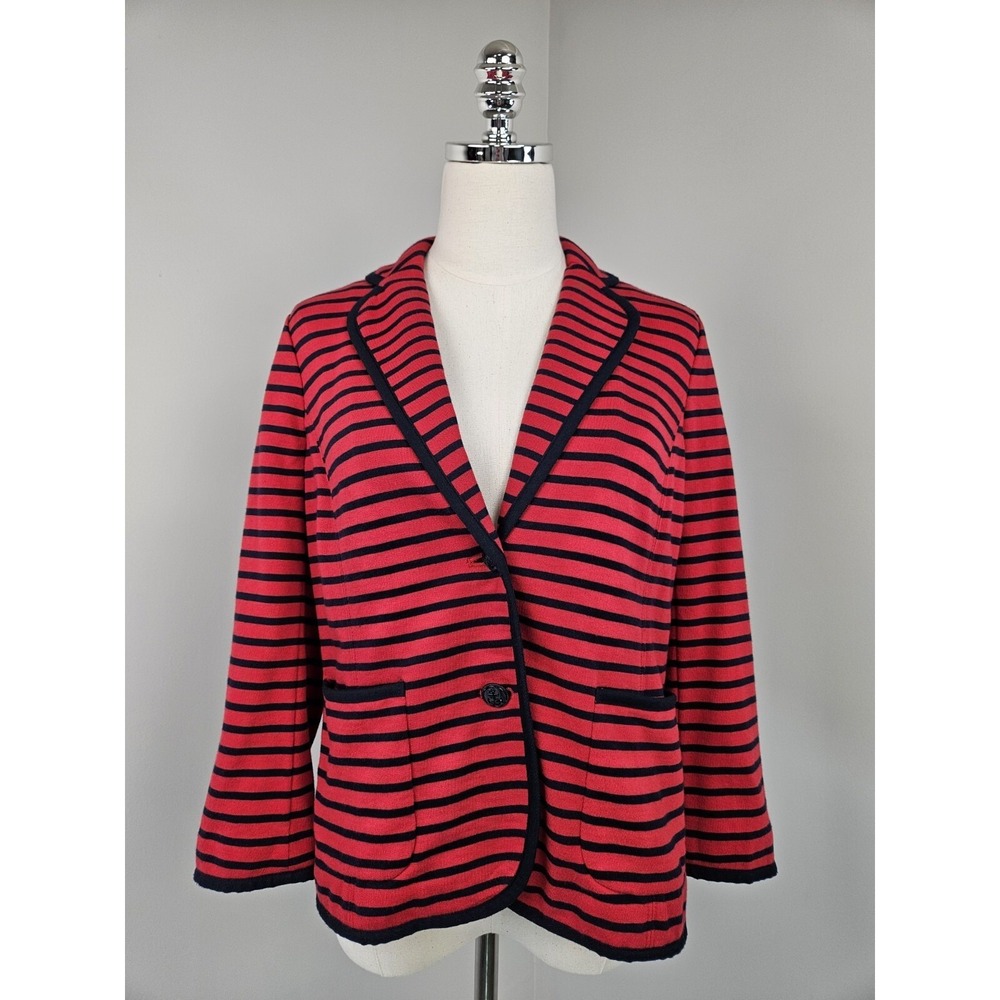 Talbots Womens Red Navy Blue Striped Cotton Knit Blazer Jacket Size M